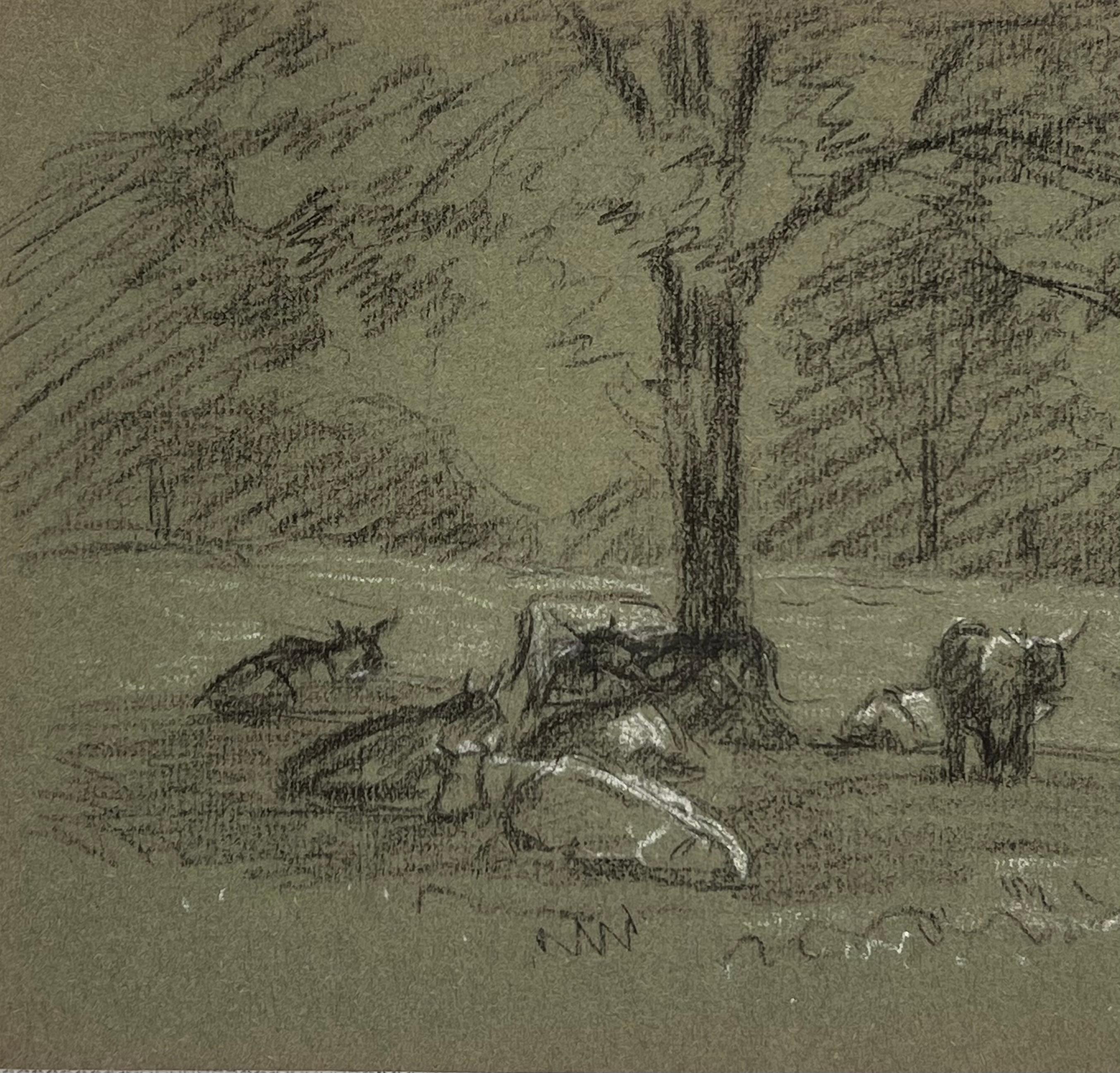 British Chalk Pencil Sketch of Cows Resting In the Meadow - Realist Painting by John Rabone Harvey