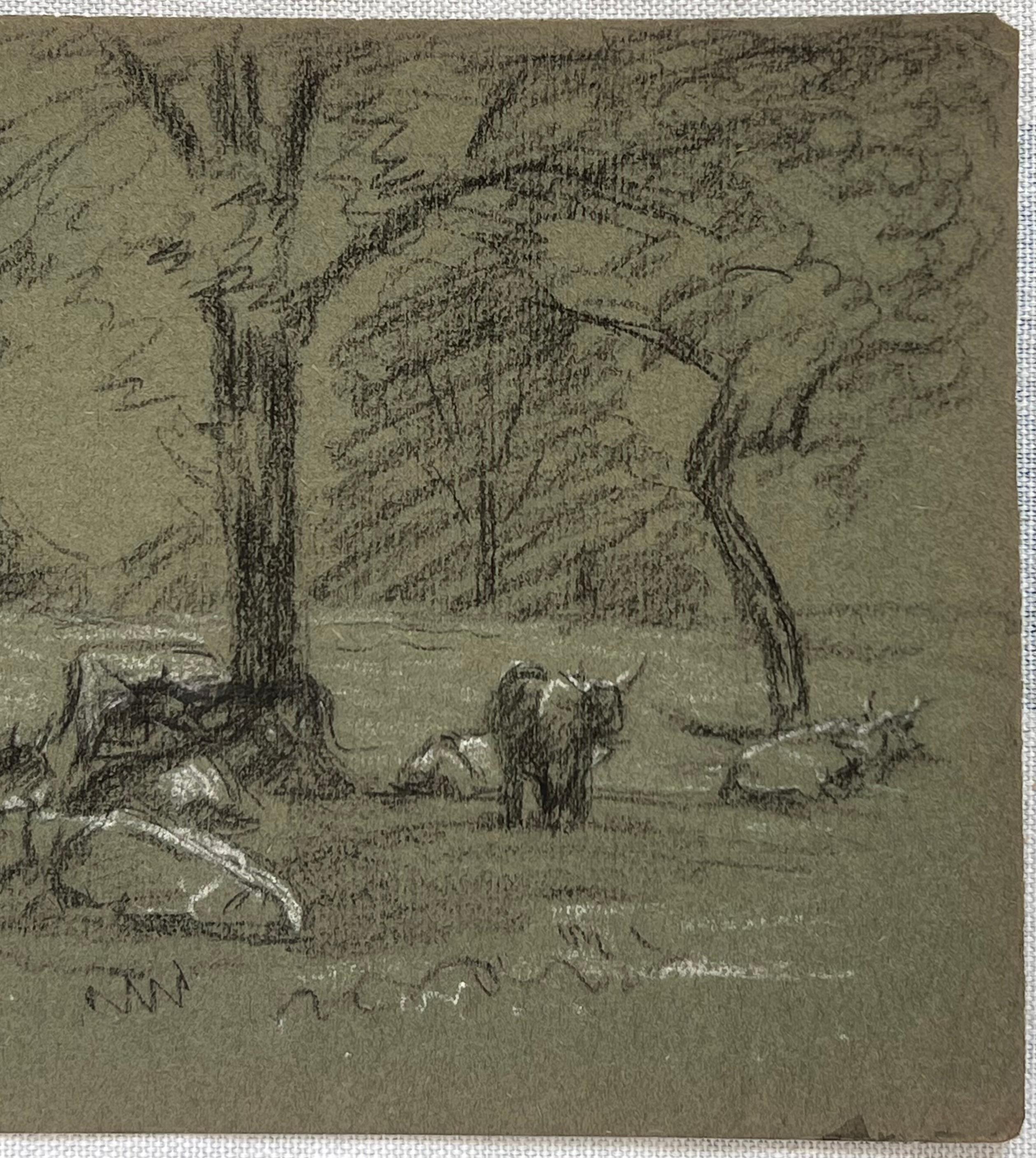 British Chalk Pencil Sketch of Cows Resting In the Meadow - Black Animal Painting by John Rabone Harvey