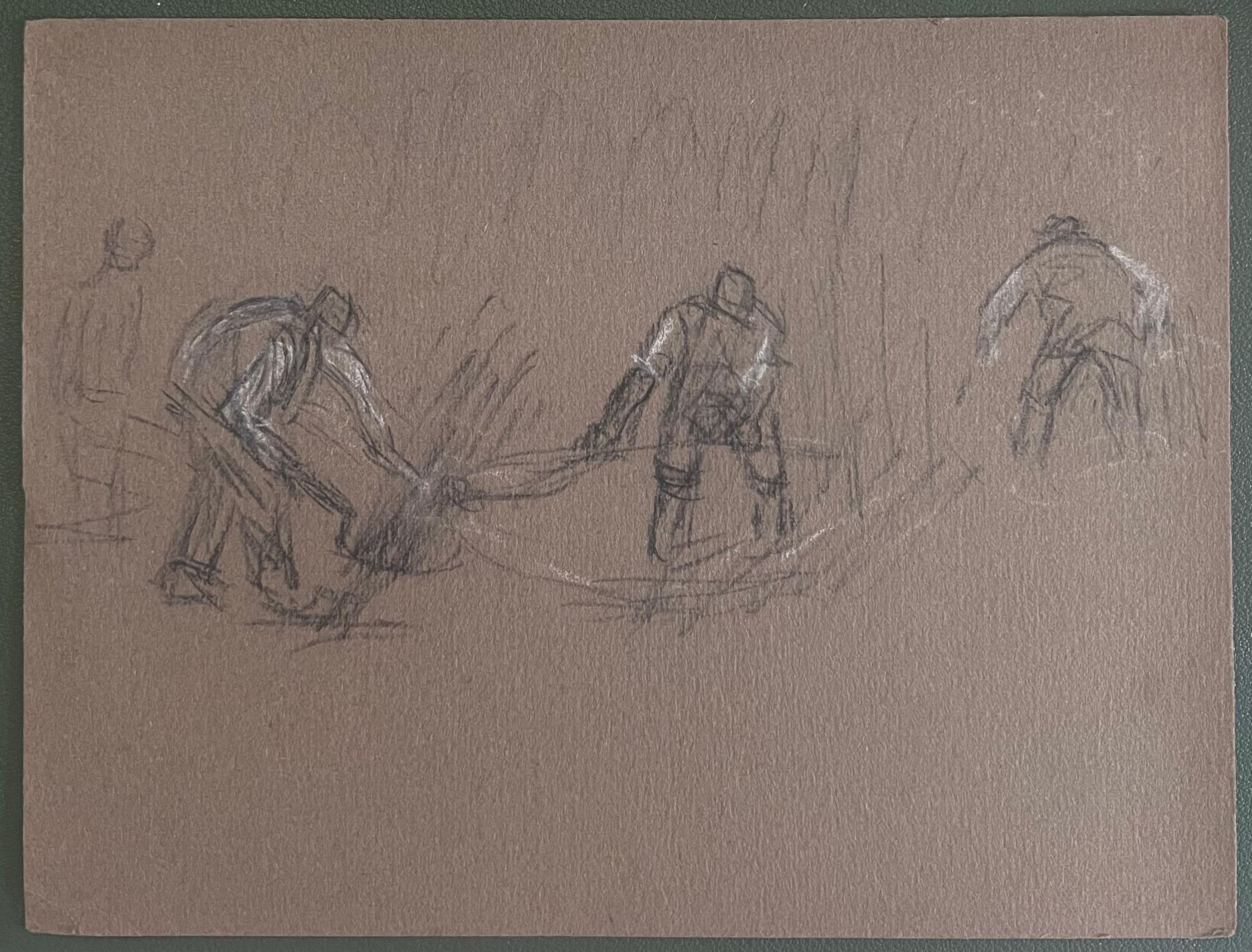 British Chalk Pencil Sketch of Farmers Harvesting the Fields - Painting by John Rabone Harvey