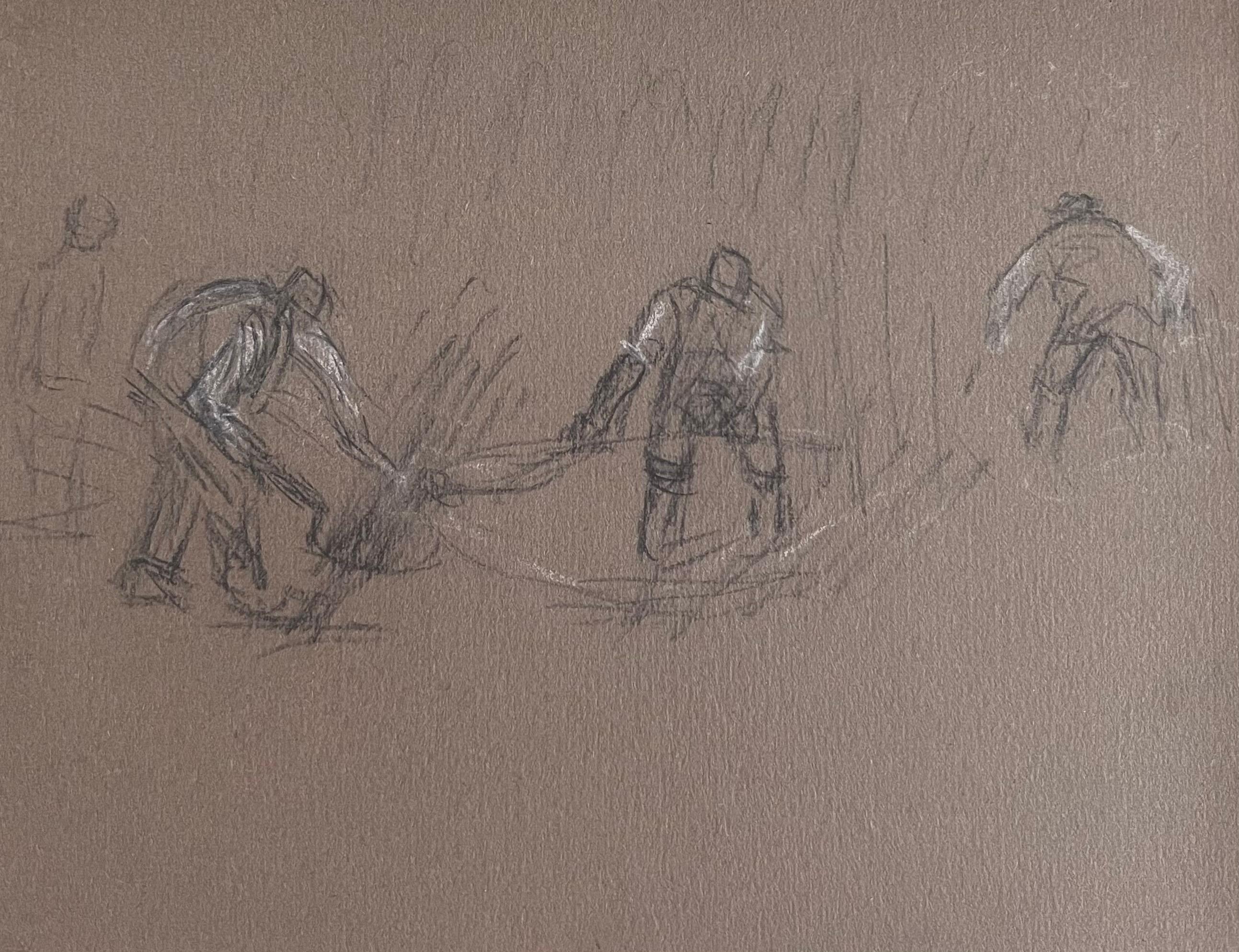 British Chalk Pencil Sketch of Farmers Harvesting the Fields