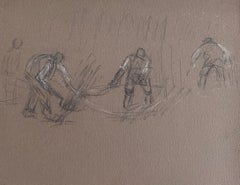British Chalk Pencil Sketch of Farmers Harvesting the Fields