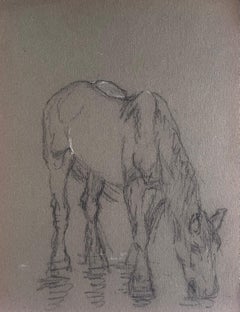 Schizzo a matita di gesso britannico di un cavallo che beve al buco dell'acqua