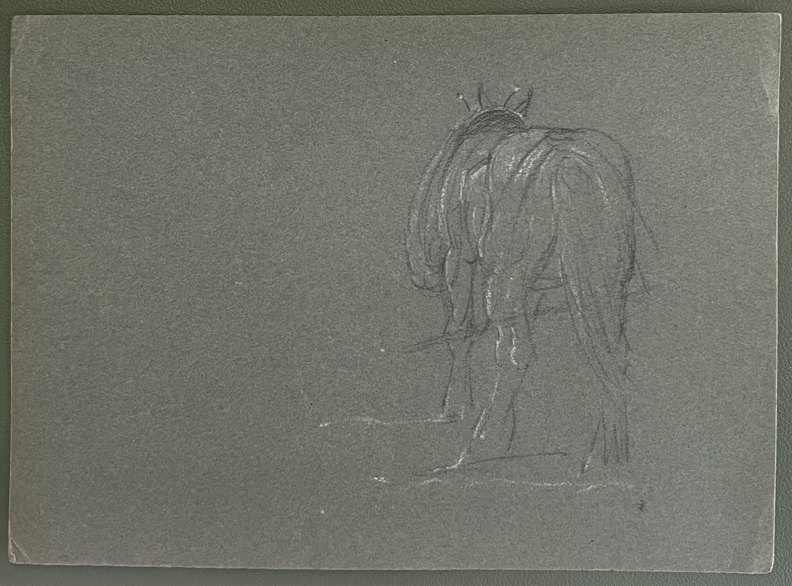 British Chalk Pencil Sketch of Horse Tacked Up From Behind - Art by John Rabone Harvey