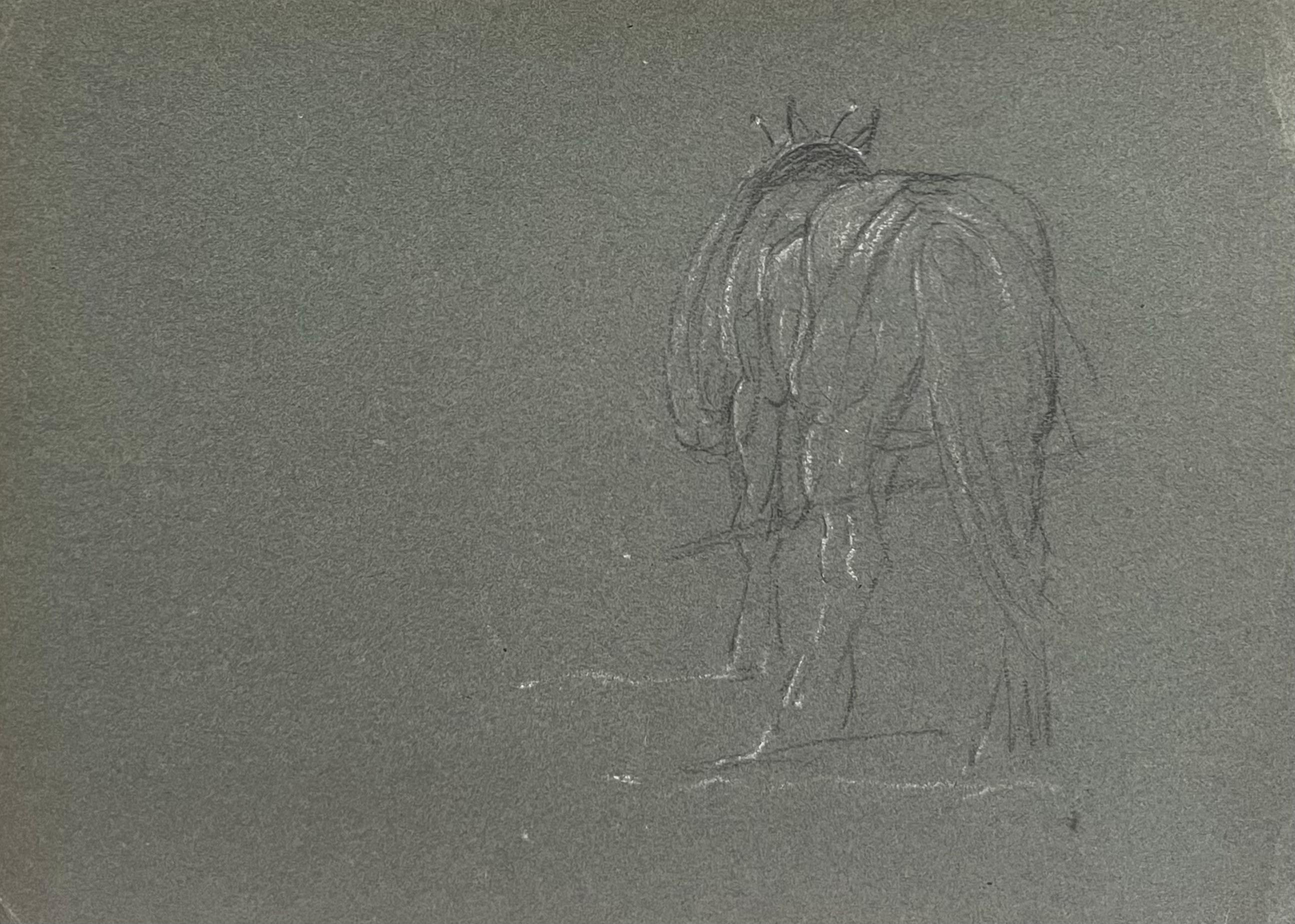 John Rabone Harvey Animal Art - British Chalk Pencil Sketch of Horse Tacked Up From Behind