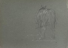 British Chalk Pencil Sketch of Horse Tacked Up From Behind