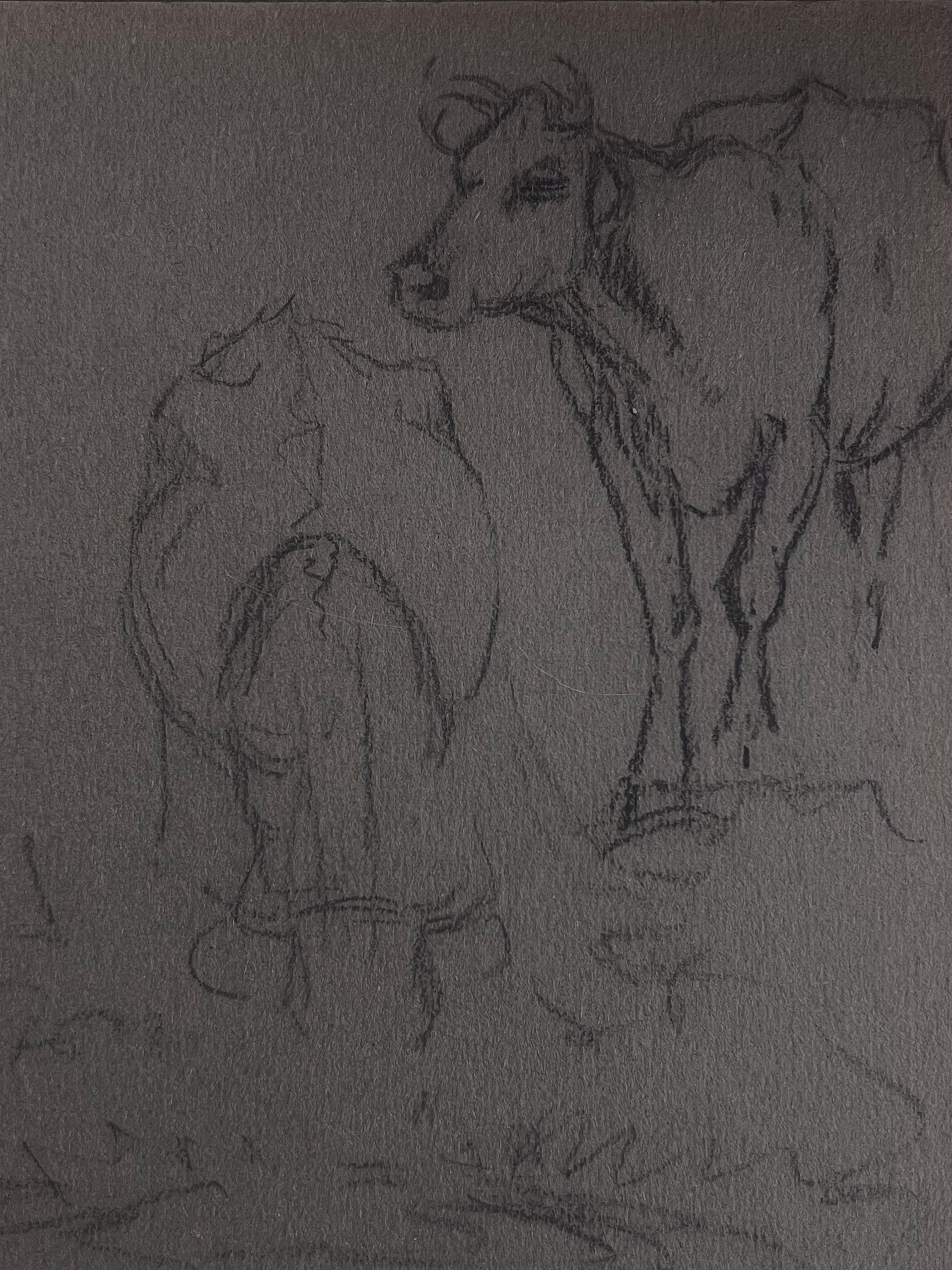 British Chalk Pencil Sketch of Two Cows At A Watering Hole