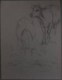 British Chalk Pencil Sketch of Two Cows At A Watering Hole