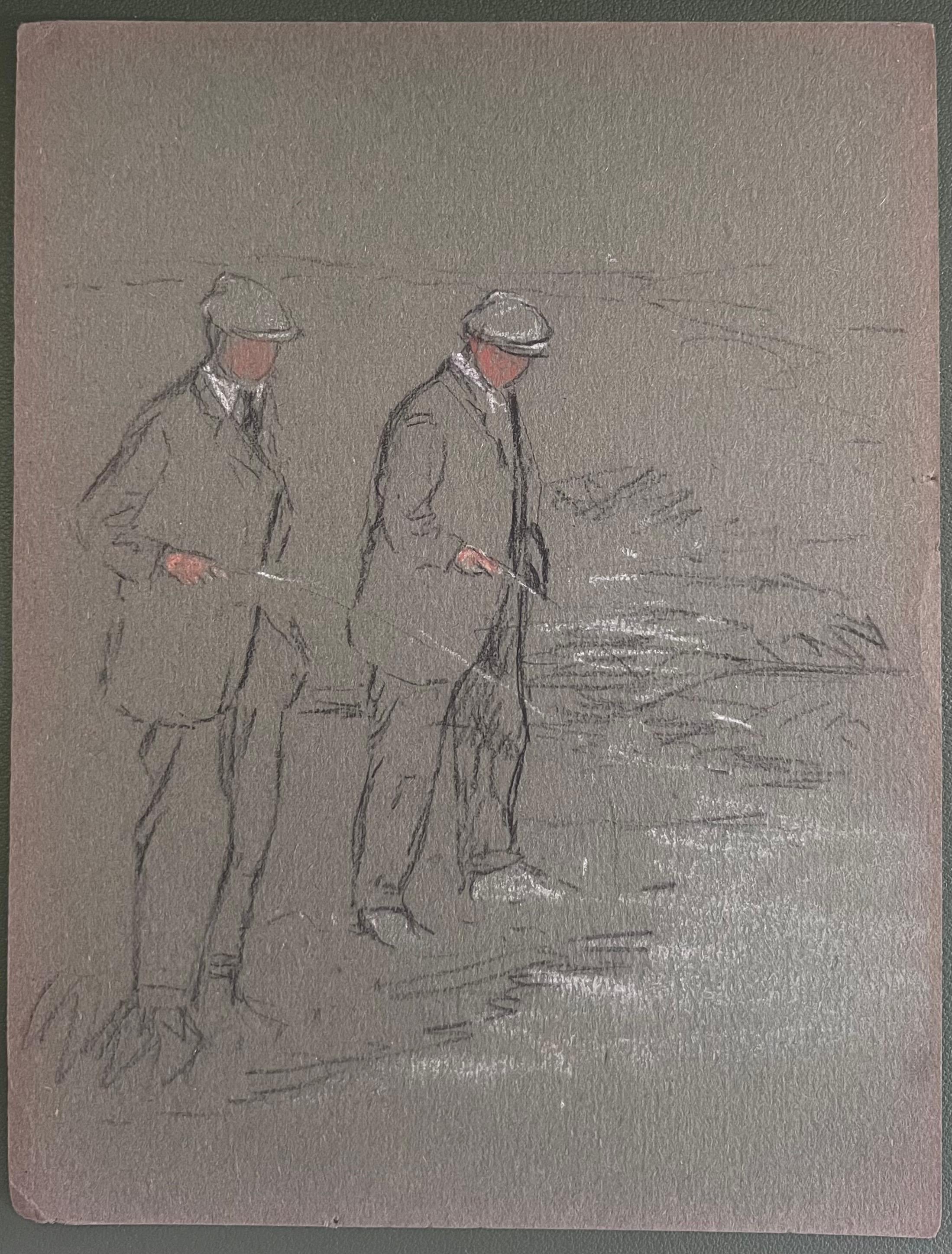 British Chalk Pencil Sketch of Two Dapper Gentleman Fishing On The Riverbank - Art by John Rabone Harvey