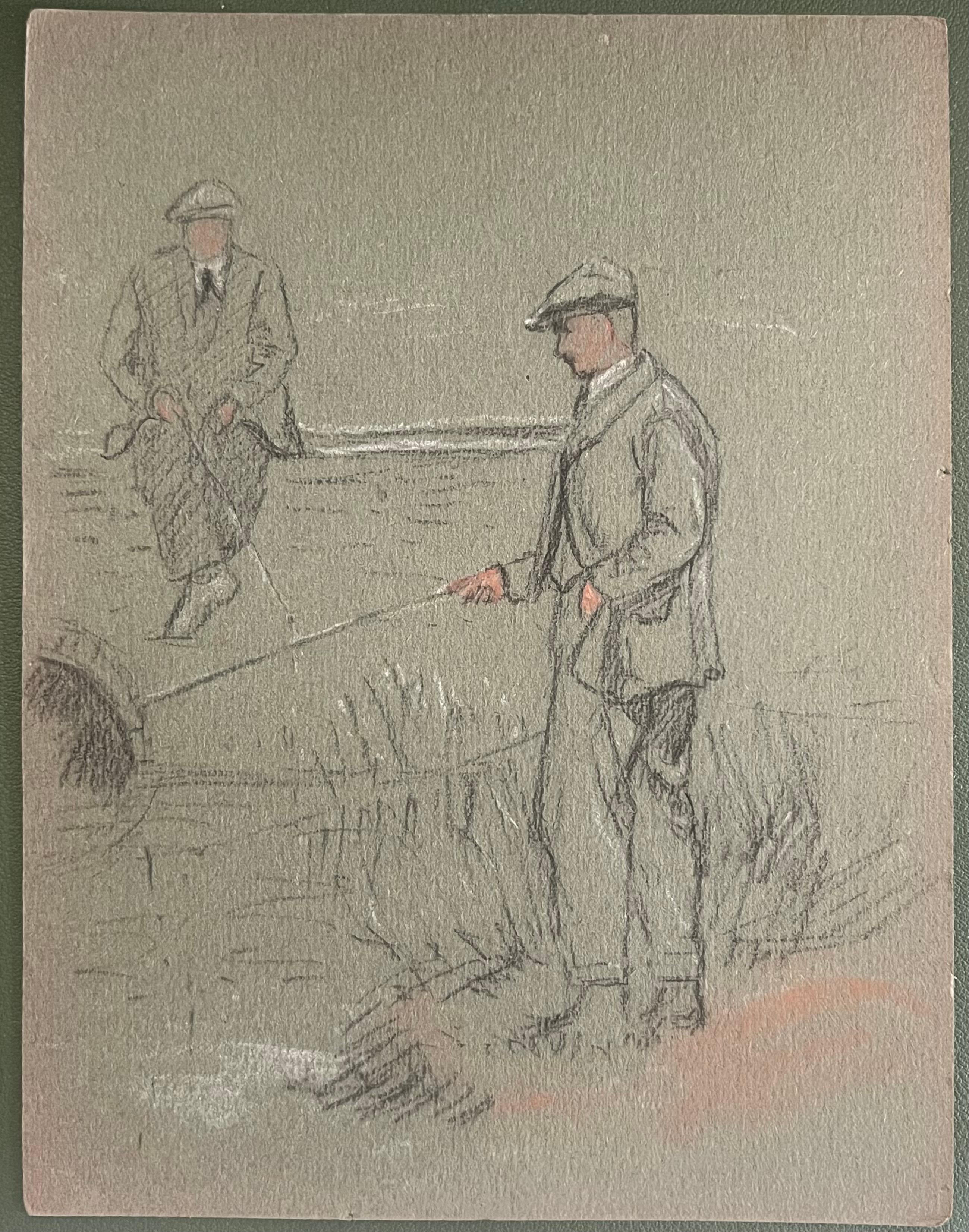 British Chalk Pencil Sketch of Two Dapper Gentleman Fishing On The Riverbank - Painting by John Rabone Harvey