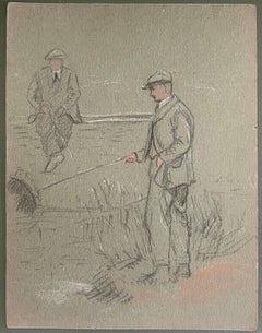 British Chalk Pencil Sketch of Two Dapper Gentleman Fishing On The Riverbank