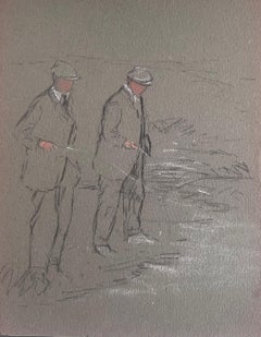 Antique British Chalk Pencil Sketch of Two Dapper Gentleman Fishing On The Riverbank