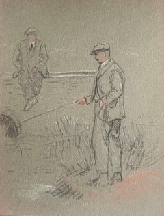 Antique British Chalk Pencil Sketch of Two Dapper Gentleman Fishing On The Riverbank