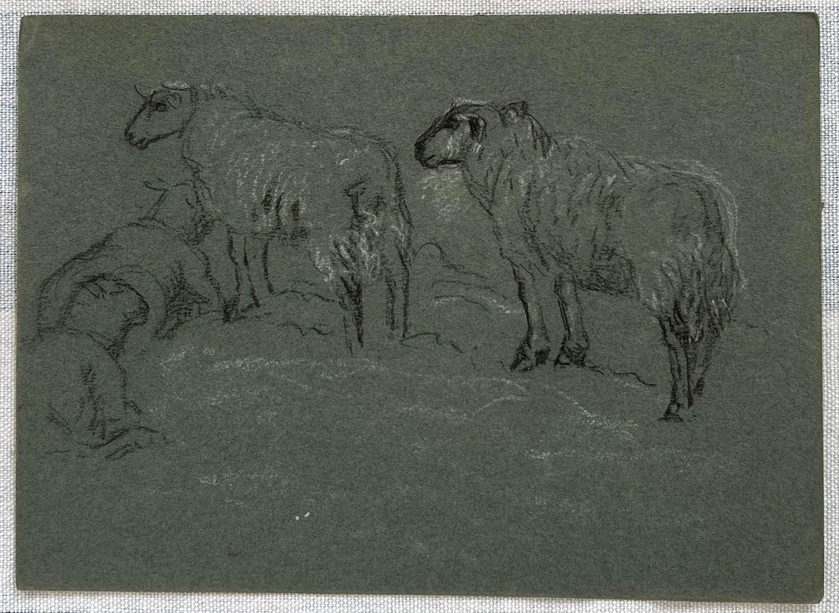 British Chalk Pencil Sketch Sheep Roaming in and Munching In The Field - Painting by John Rabone Harvey