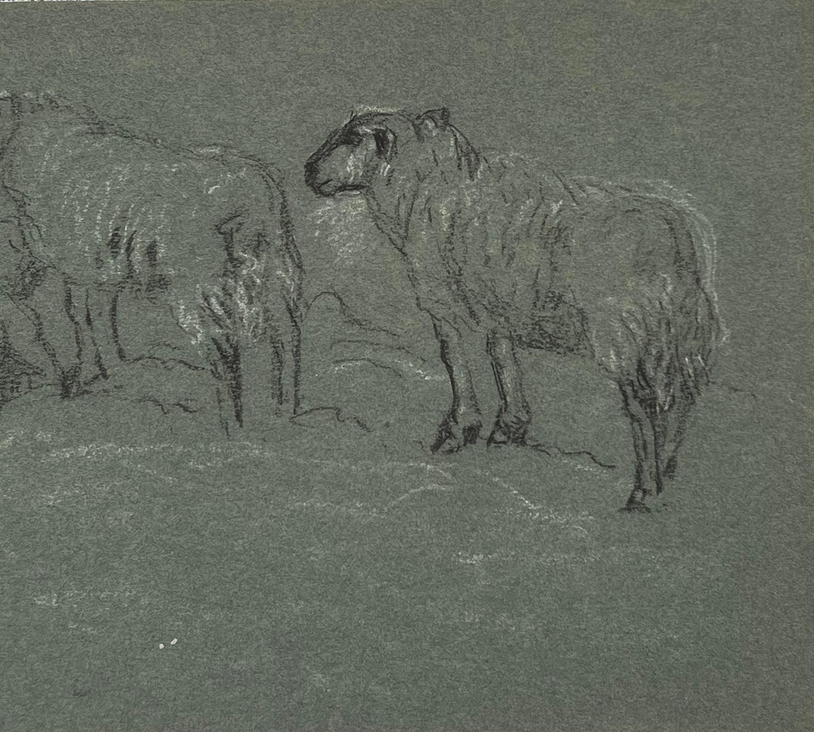 British Chalk Pencil Sketch Sheep Roaming in and Munching In The Field - Realist Painting by John Rabone Harvey