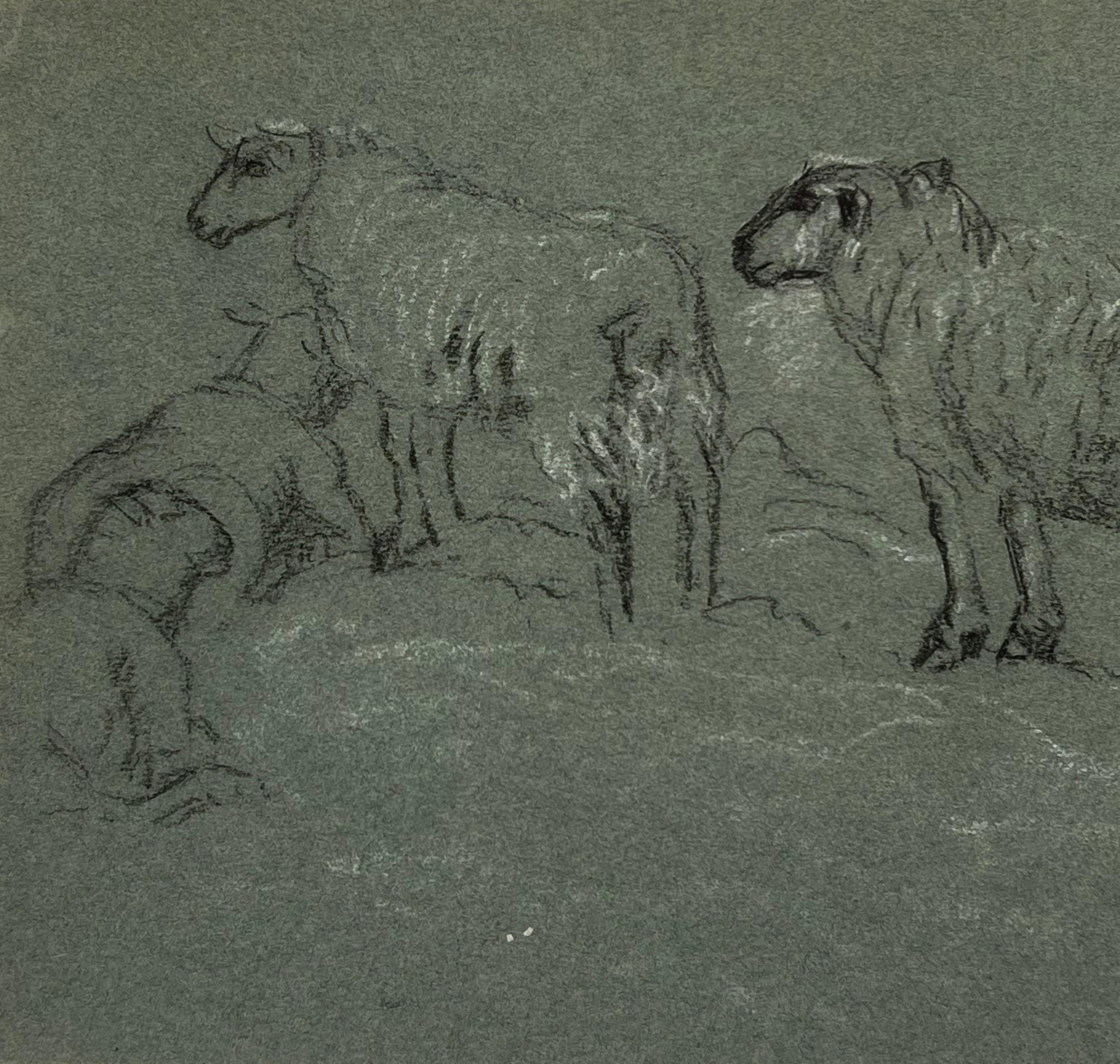 British Chalk Pencil Sketch Sheep Roaming in and Munching In The Field - Gray Figurative Painting by John Rabone Harvey