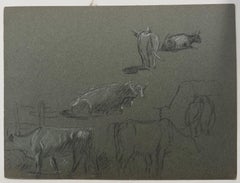 British Chalk Pencil Sketches of a Different Cows in Profiles In Field