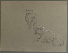 Bocetos británicos a lápiz de tiza de dos ovejas de pie y tumbadas sobre la hierba