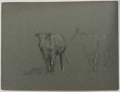 British Chalk Pencil Two Sketches of Still Cows In Field