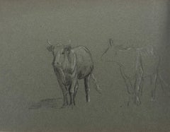 British Chalk Pencil Two Sketches of Still Cows In Field