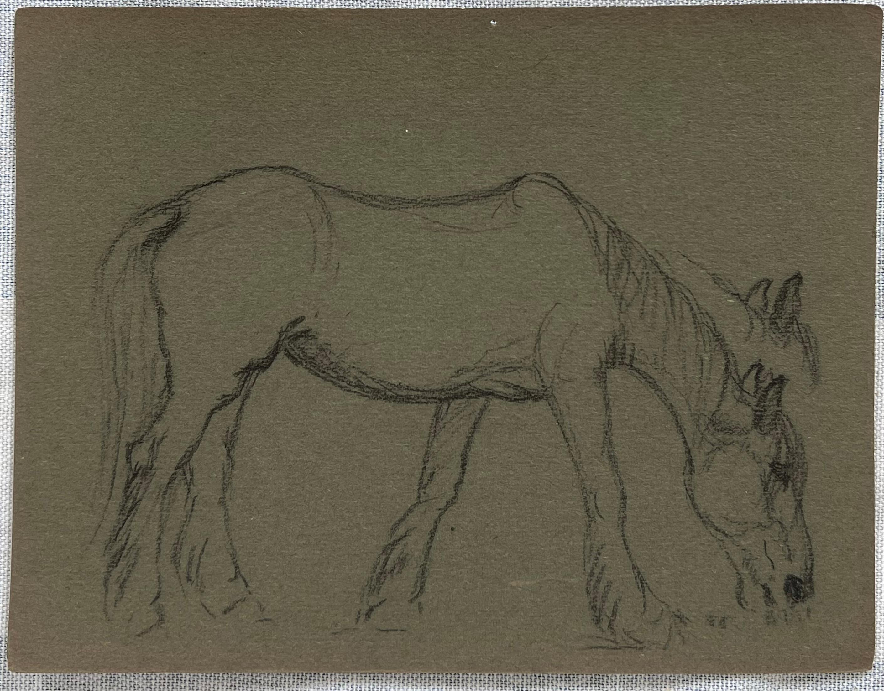 British Chalk Sketch Horse Munching on Grass On Deep Green Artist Paper - Painting by John Rabone Harvey