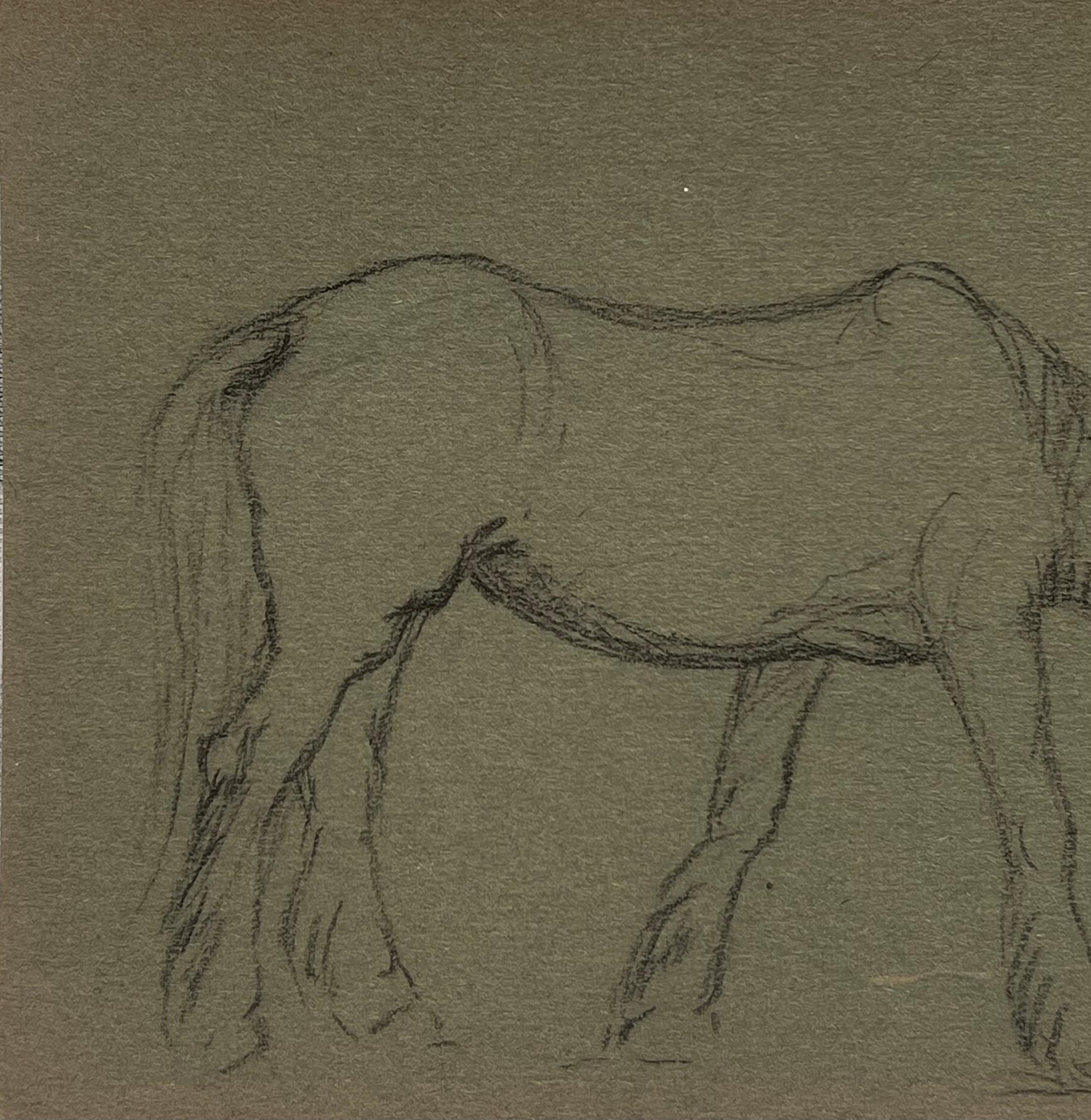 British Chalk Sketch Horse Munching on Grass On Deep Green Artist Paper - Realist Painting by John Rabone Harvey