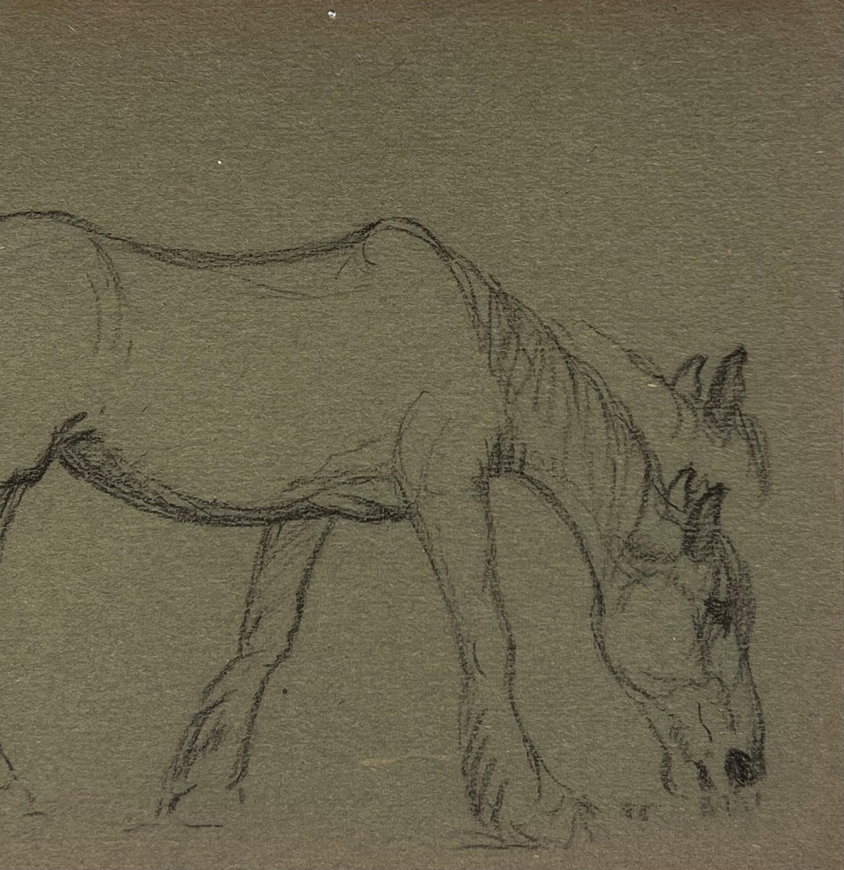 British Chalk Sketch Horse Munching on Grass On Deep Green Artist Paper - Gray Animal Painting by John Rabone Harvey