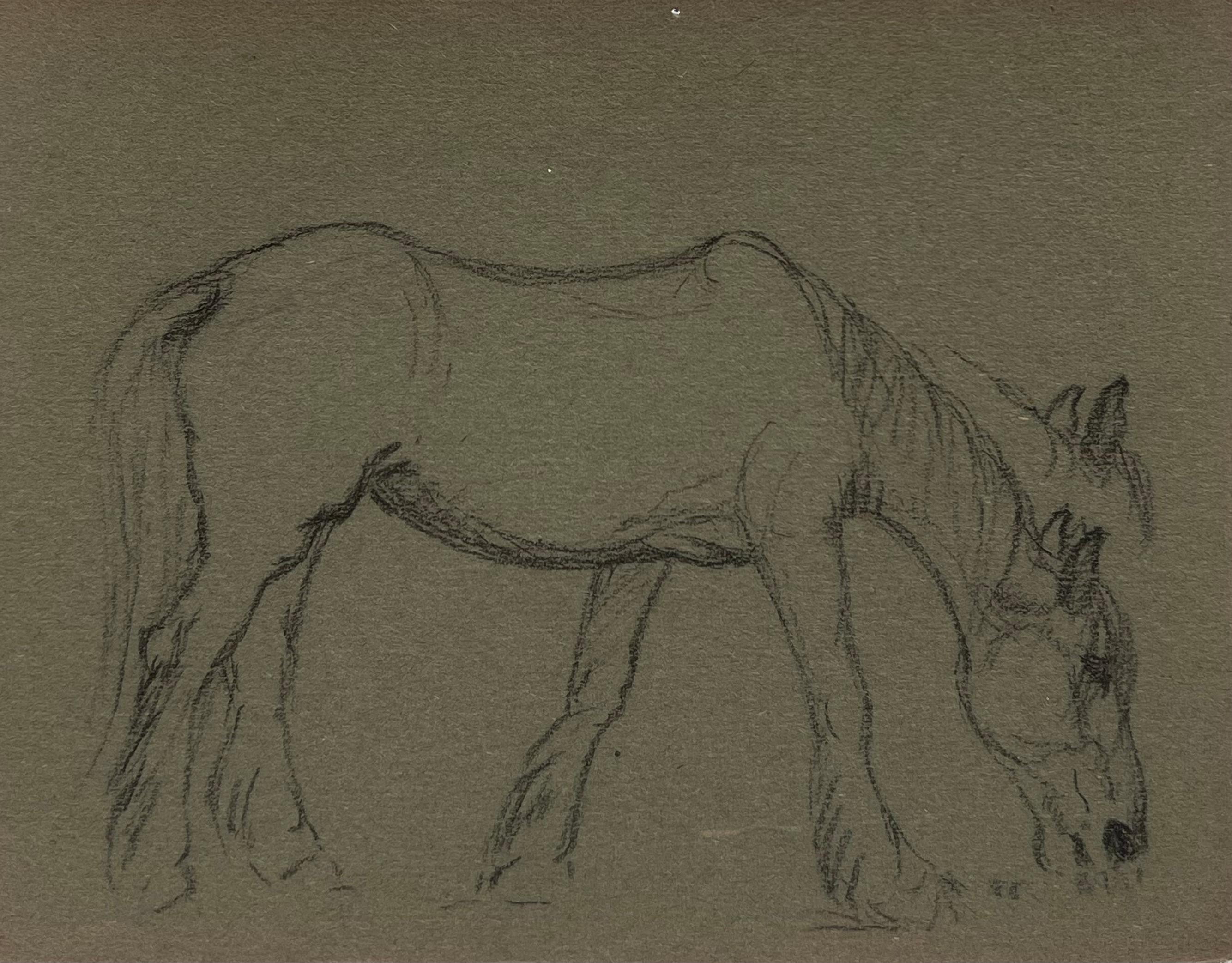 John Rabone Harvey Animal Painting - British Chalk Sketch Horse Munching on Grass On Deep Green Artist Paper