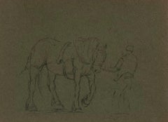 British Chalk Sketch Man Leading The Horse Ready for the Kart