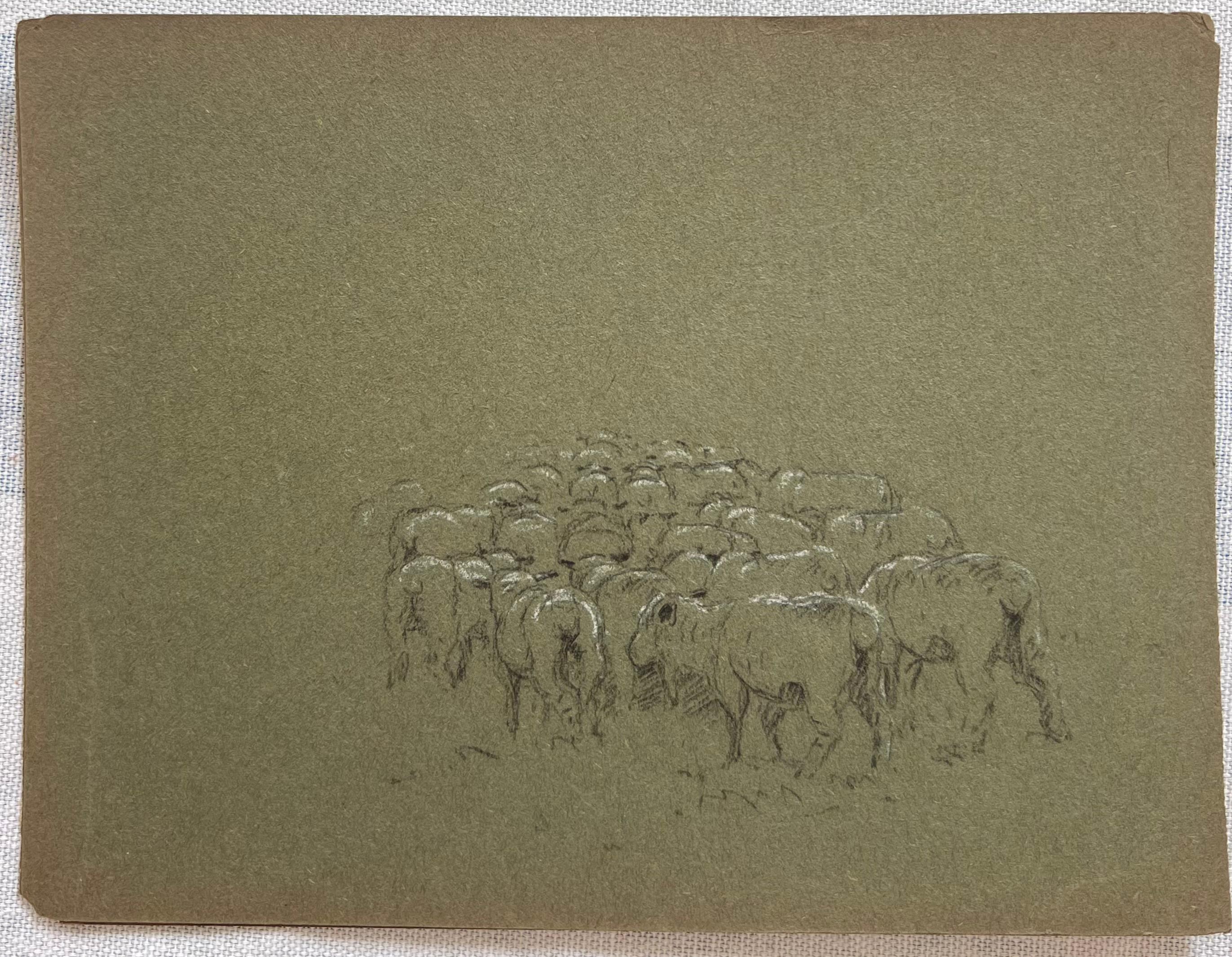 Schizzo in gesso britannico di un gregge di pecore arborate su carta d'artista verde intenso - Painting di John Rabone Harvey