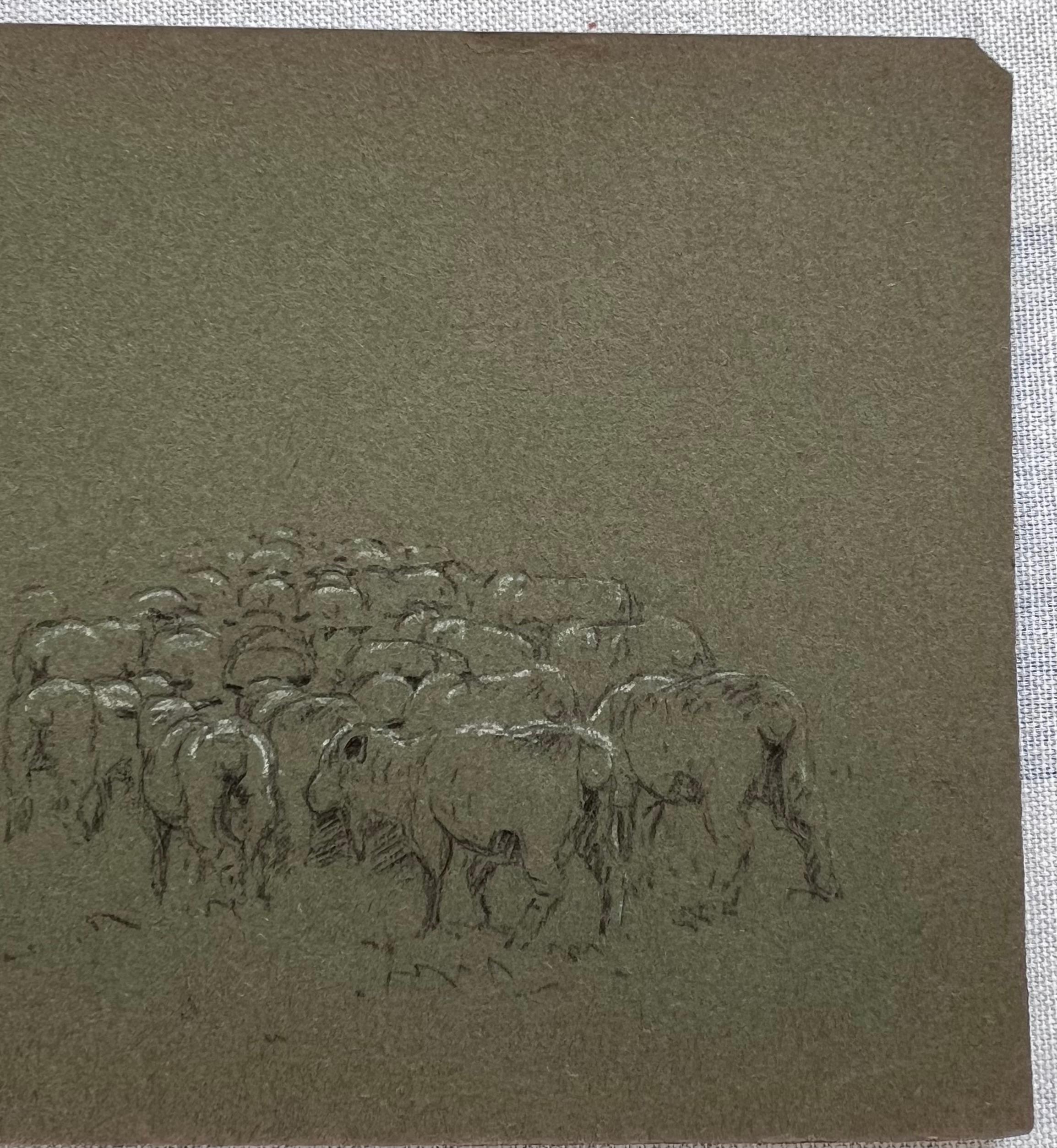 Schizzo in gesso britannico di un gregge di pecore arborate su carta d'artista verde intenso - Painting Realismo di John Rabone Harvey