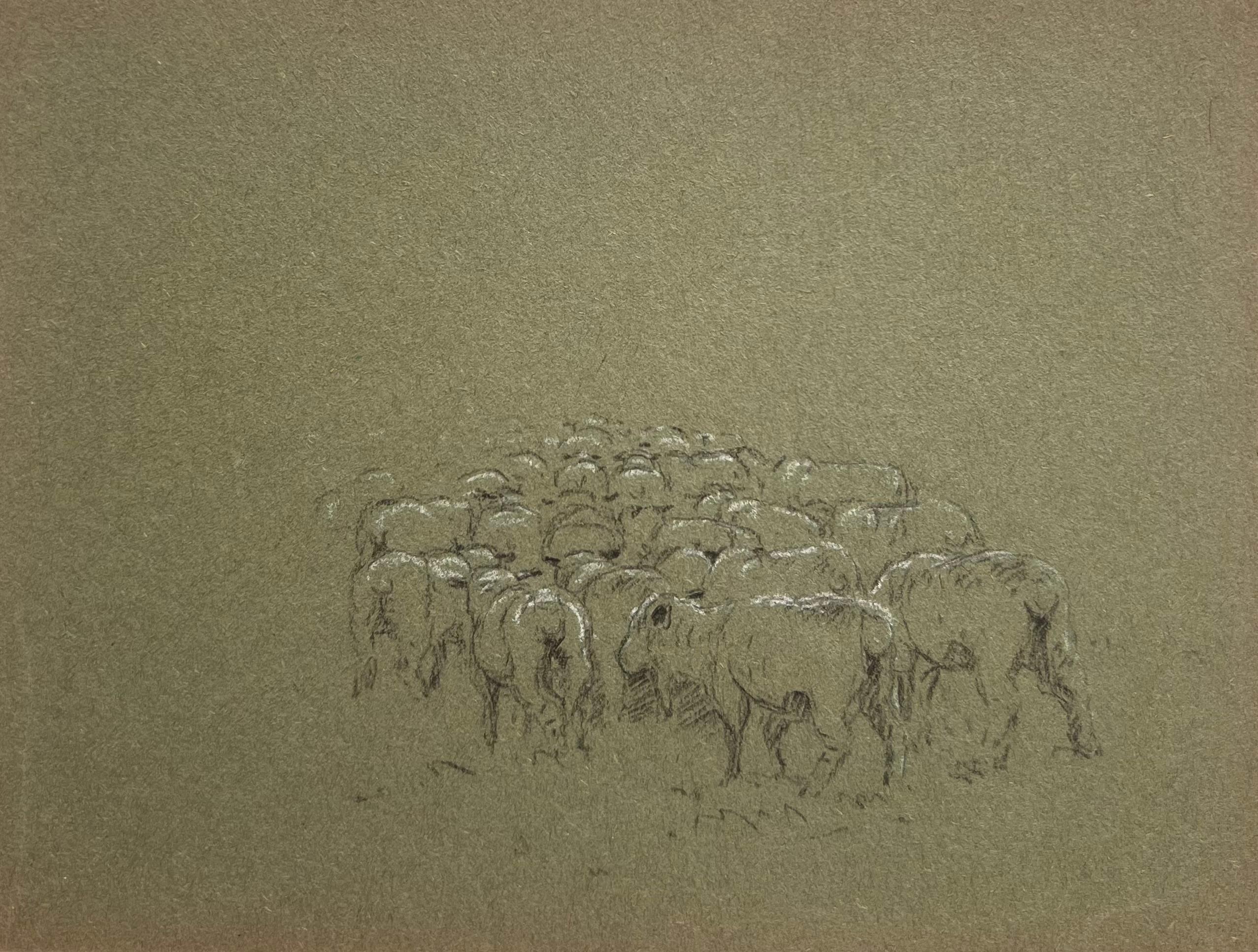 British Chalk Sketch of A Flock Of Herded Sheep On Deep Green Artist Paper