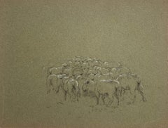 Schizzo in gesso britannico di un gregge di pecore arborate su carta d'artista verde intenso