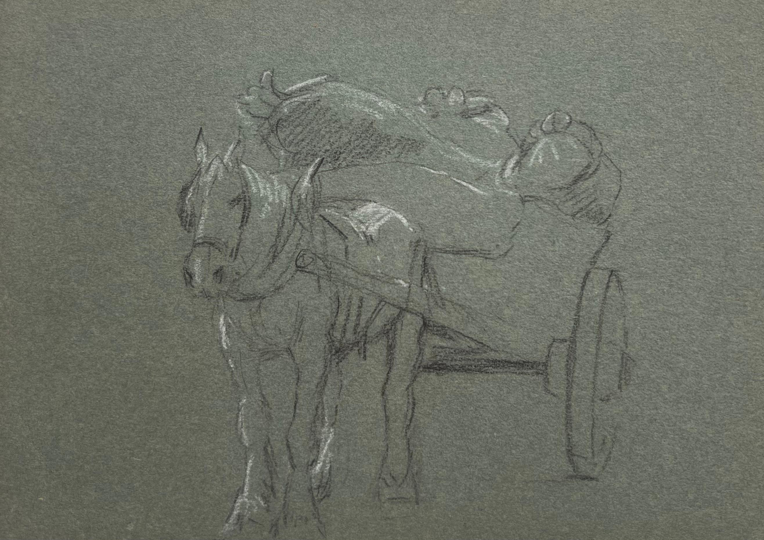 Horse Pulling the Heavy Loaded Wooden Kart British Chalk Sketch