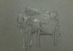 Horse Pulling the Heavy Loaded Wooden Kart British Chalk Sketch