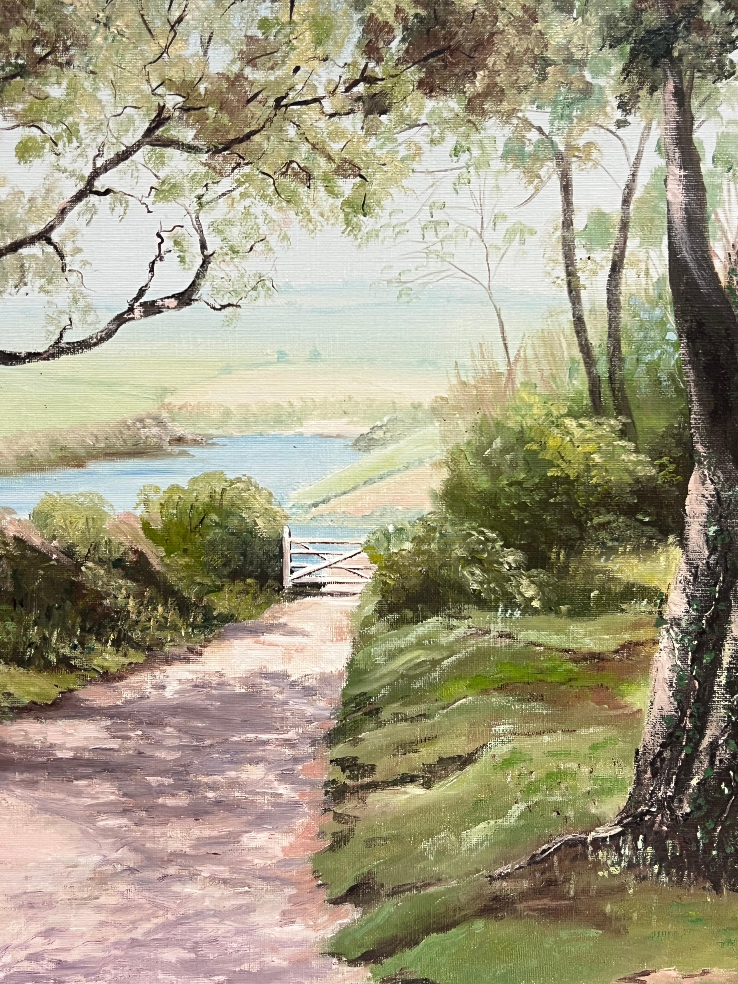 20. Jahrhundert Britische signiert Ölgemälde Tranquil River Landscape Calming Farben im Angebot 2