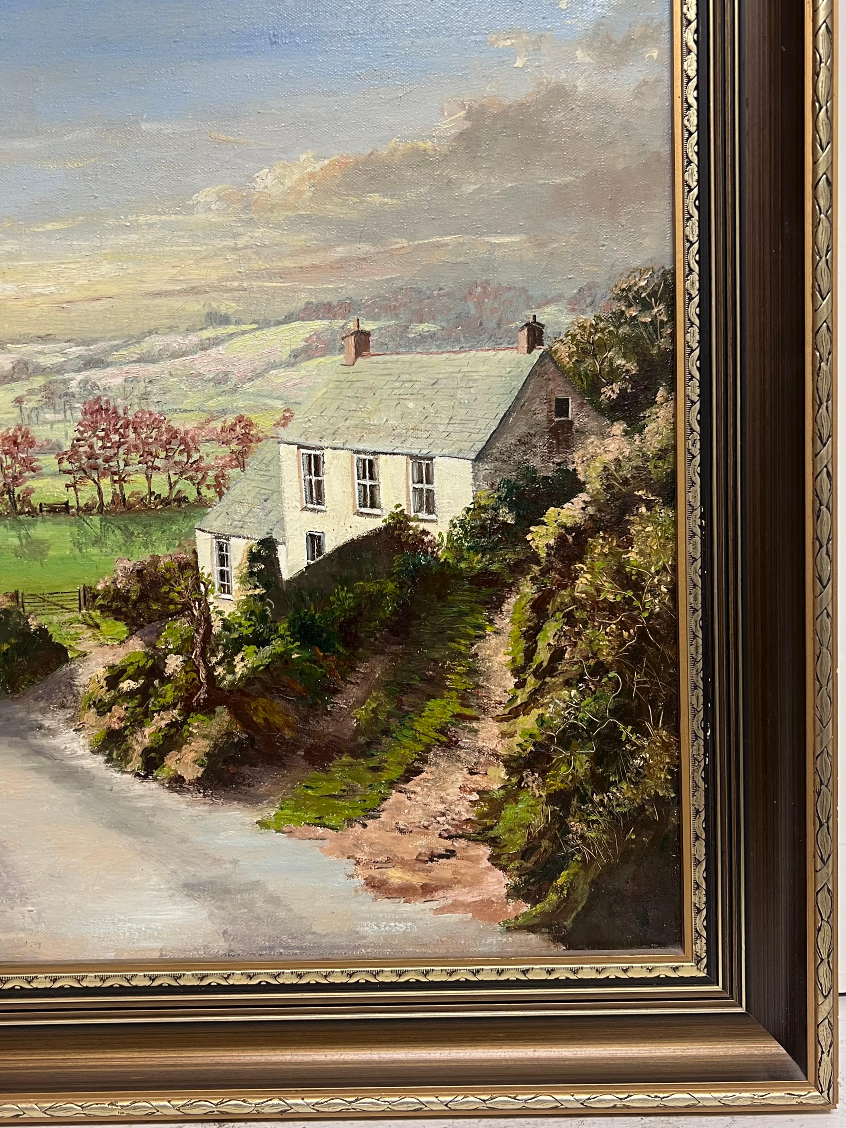 Gran paisaje rural tradicional inglés firmado al óleo Yorkshire Cumbria Granja - Landscape Painting Negro de John Radwell