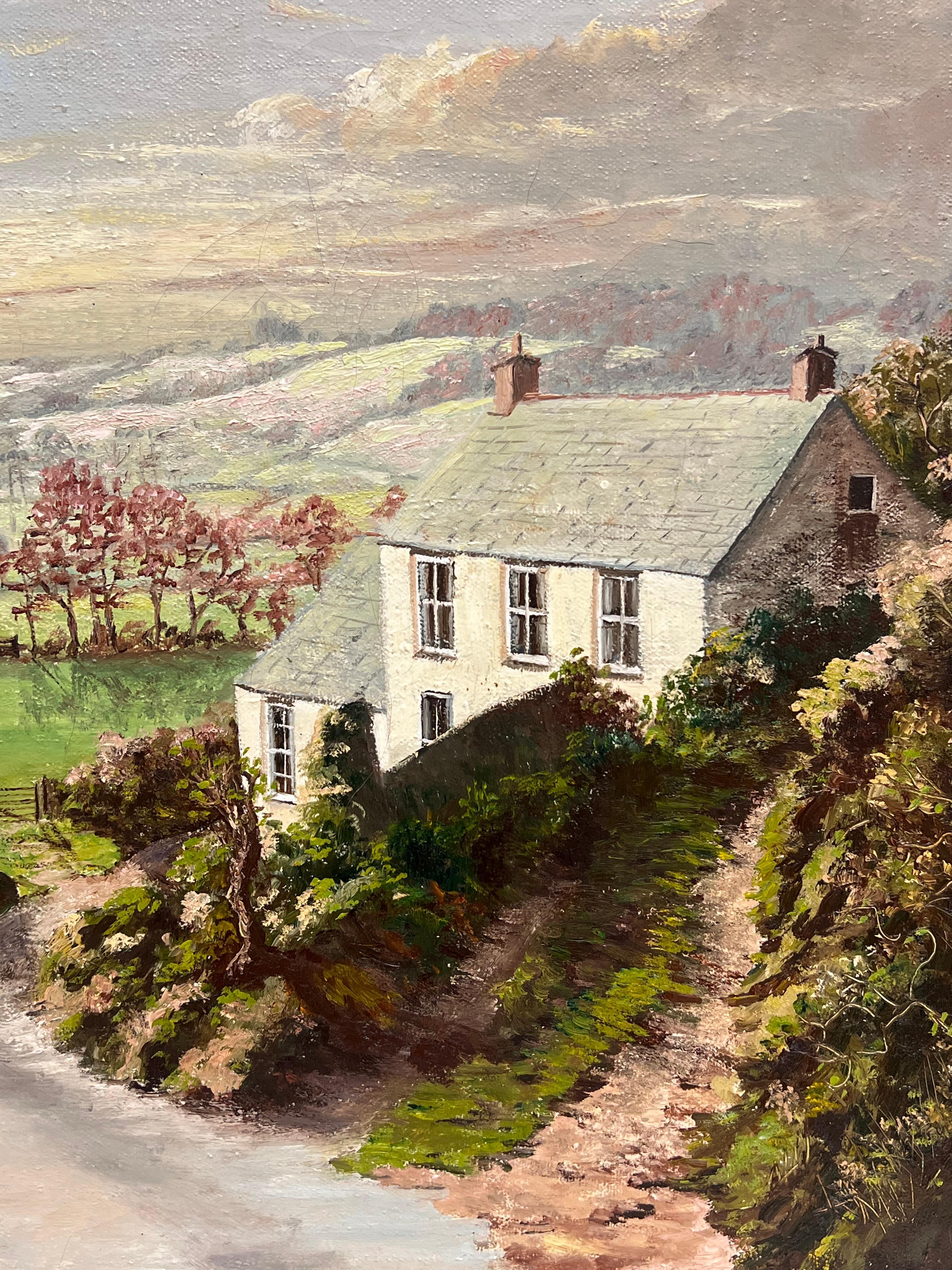 Gran paisaje rural tradicional inglés firmado al óleo Yorkshire Cumbria Granja en venta 3