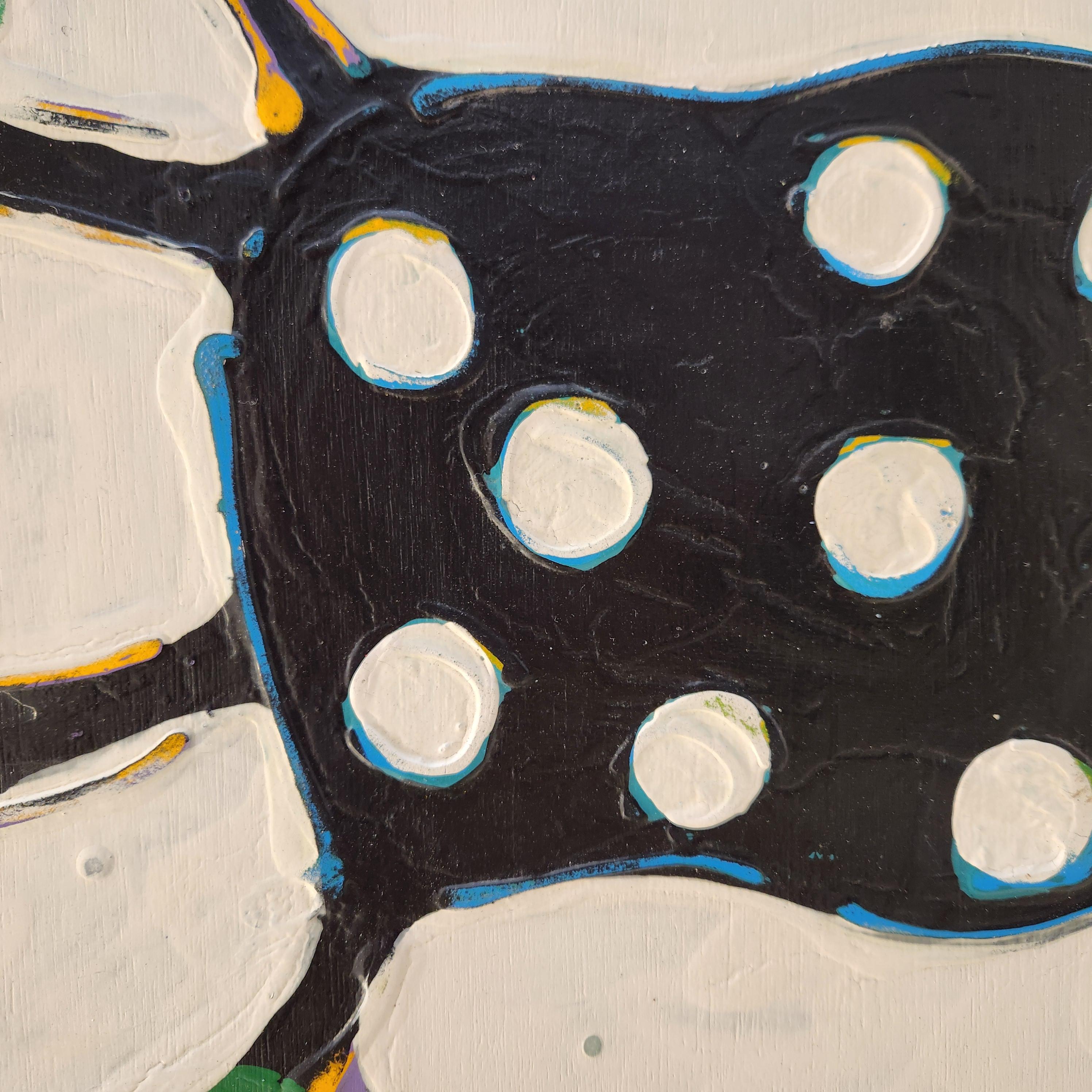 John Randall Nelson’s paintings are layered with his own personal language consisting of patterns, symbols, and archetypes that may not make any literal sense but play on subconscious associations. His paintings are thick with paint, poured pigment,