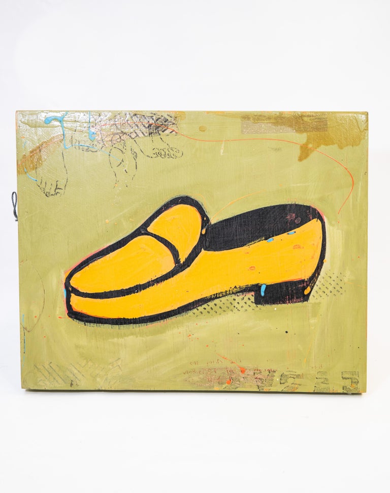 Yellow Men's Fashion Retro Shoe Painting by John Randall Nelson on wood panel ready to hang signed on verso.

John Randall Nelson is an Arizona-based painter and sculptor. Nelson’s works are layered with his own personal language consisting of