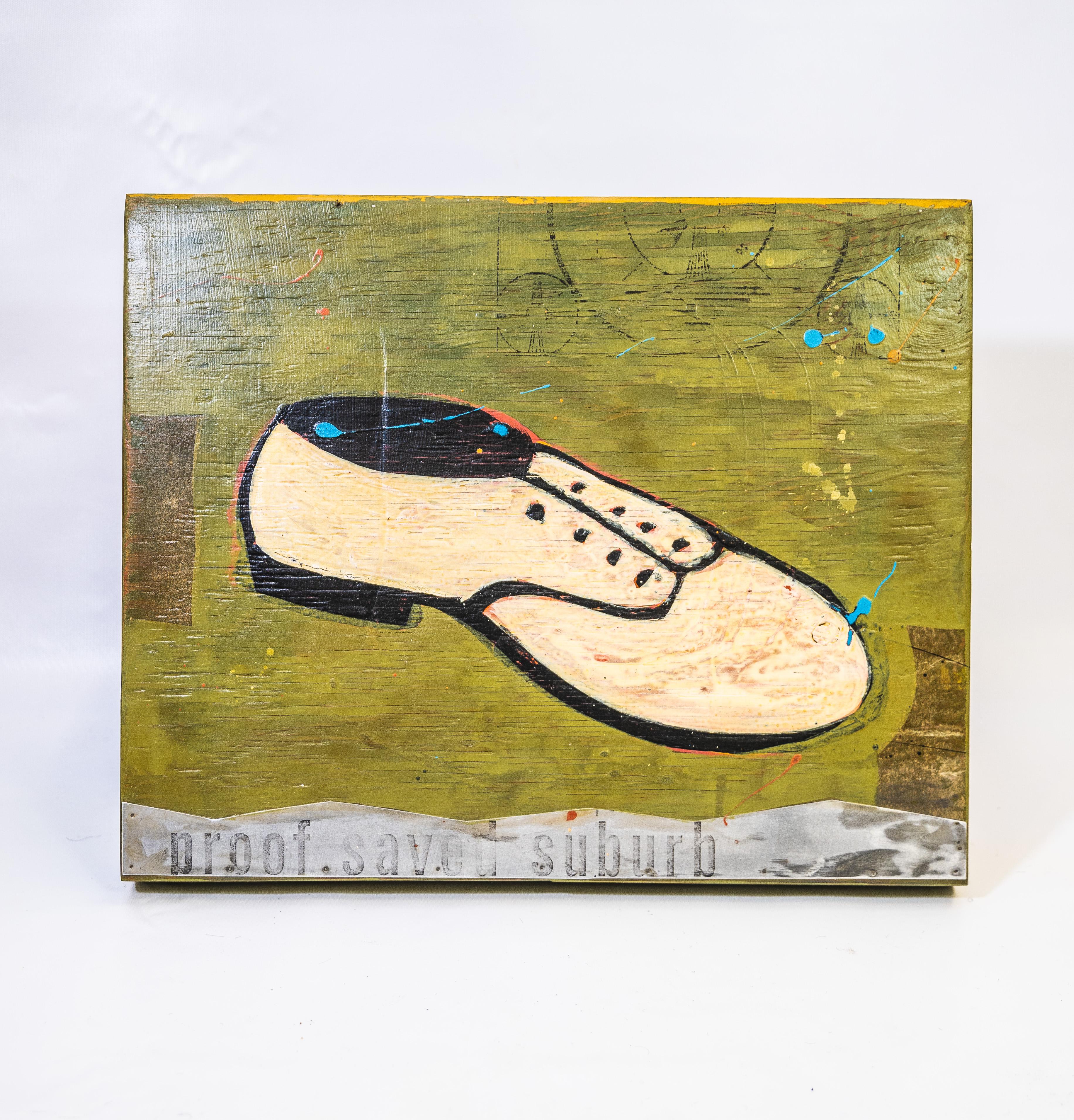 Beige Retro Shoe Painting by John Randall Nelson on wood panel ready to hang signed on verso.

John Randall Nelson is an Arizona-based painter and sculptor. Nelson’s works are layered with his own personal language consisting of patterns, symbols,