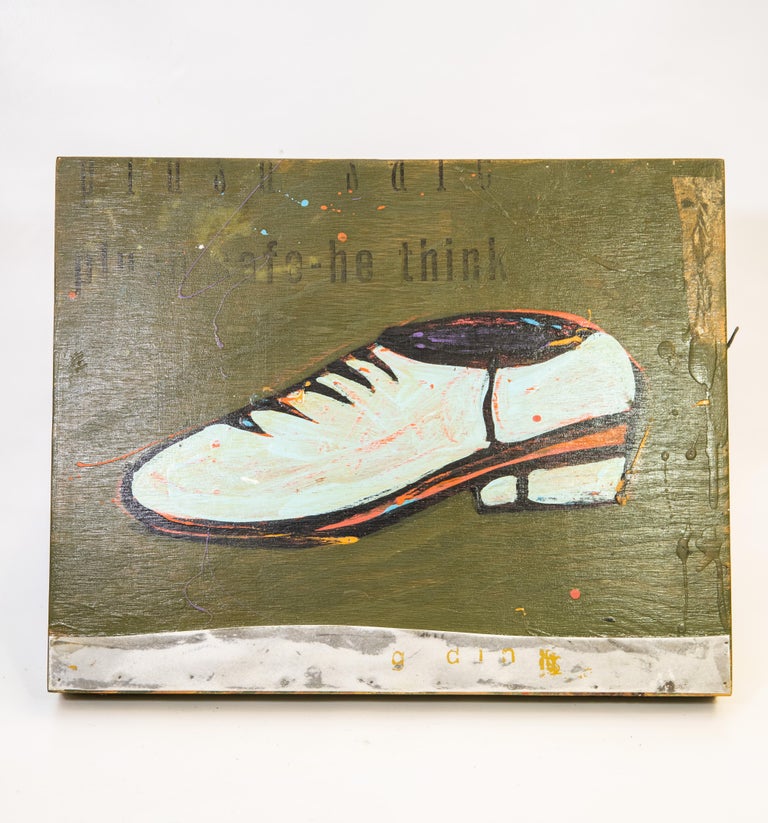 Powder Blue Men's Fashion Retro Shoe Painting by John Randall Nelson on wood panel ready to hang signed on verso.

John Randall Nelson is an Arizona-based painter and sculptor. Nelson’s works are layered with his own personal language consisting of