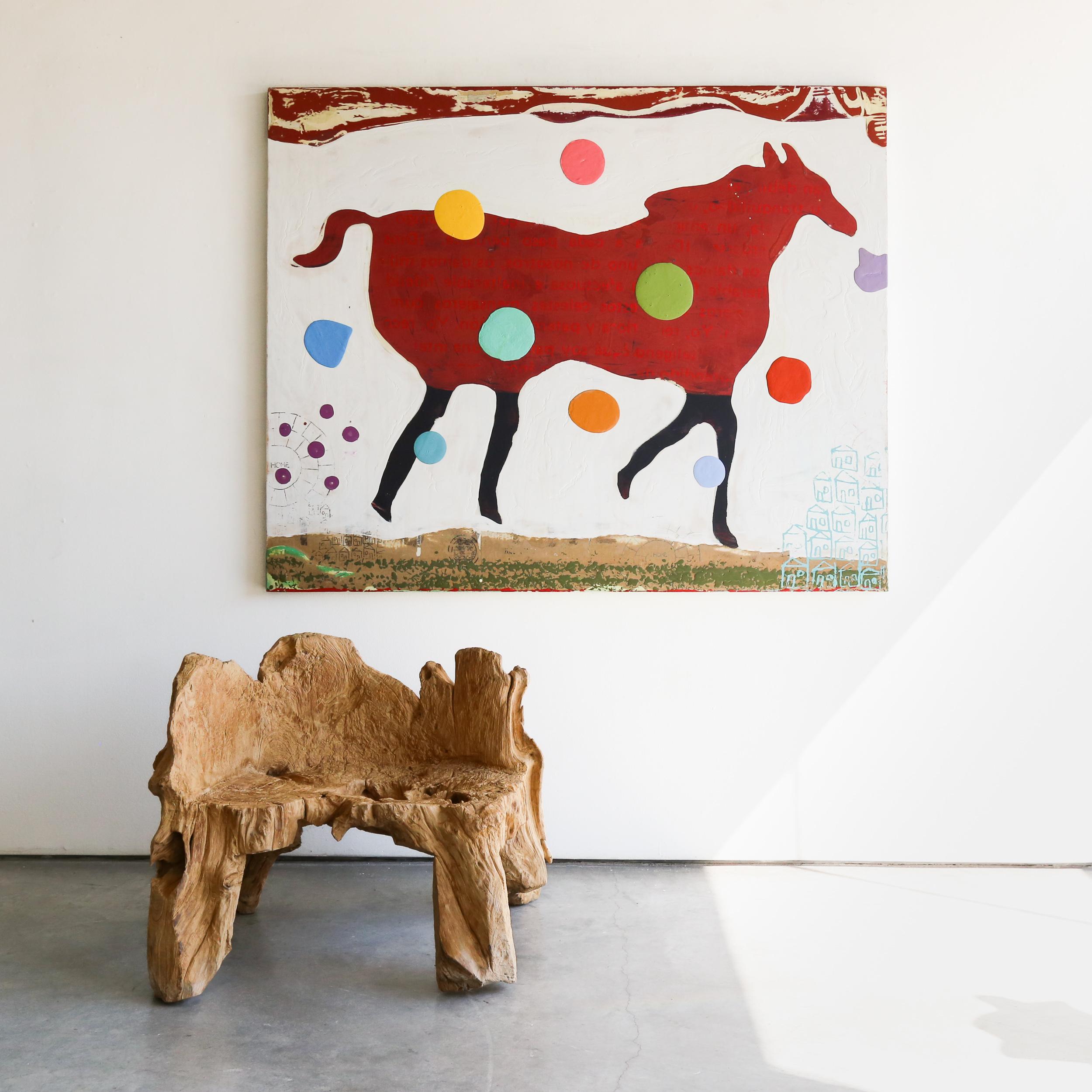 Original art by John Randall Nelson depicting a horse with characteristics of Pop Art and Folk Art combined with a whimsical, illustrative style. The vibrant colors, cartoonish figures, and playful yet surreal scenes suggest influences from Pop Art,