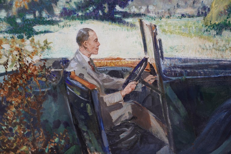 Portrait of Bradnock Principal Worcester College in Car, Malvern, oil painting - Realist Painting by John Rankine Barclay