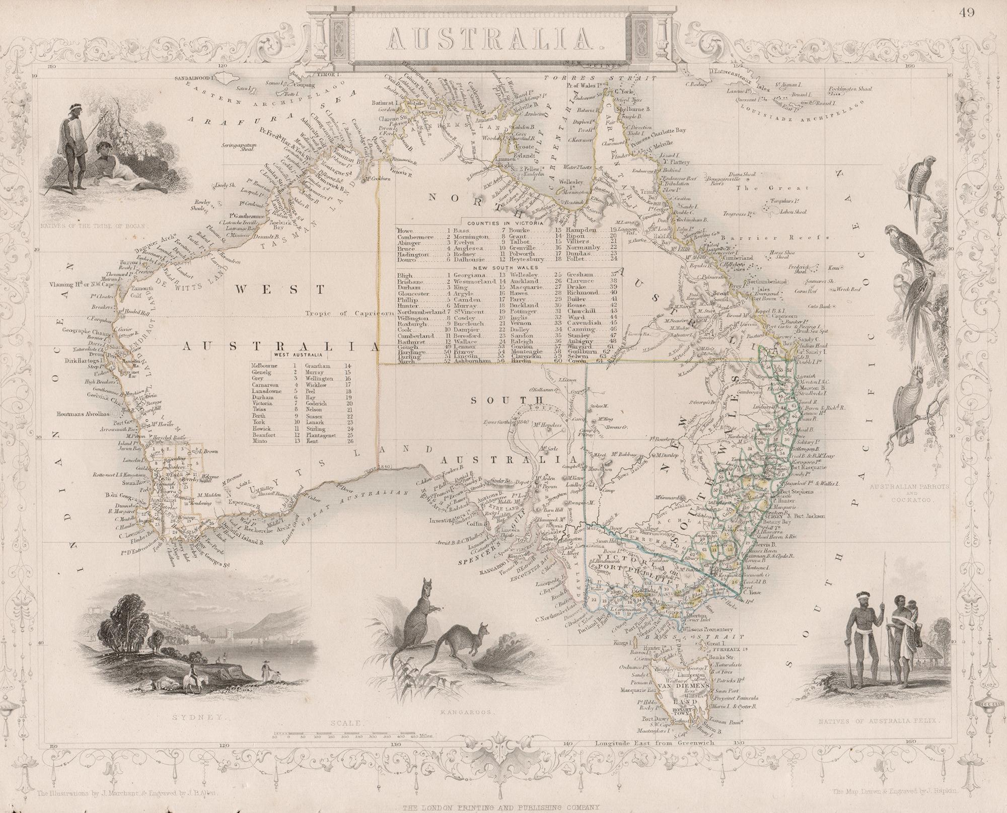 Landscape Print de John Rapkin - Australia, mapa antiguo de Tallis, 1851