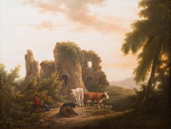 Cattle in a landscape, with Ruins of Old Castle beyond
