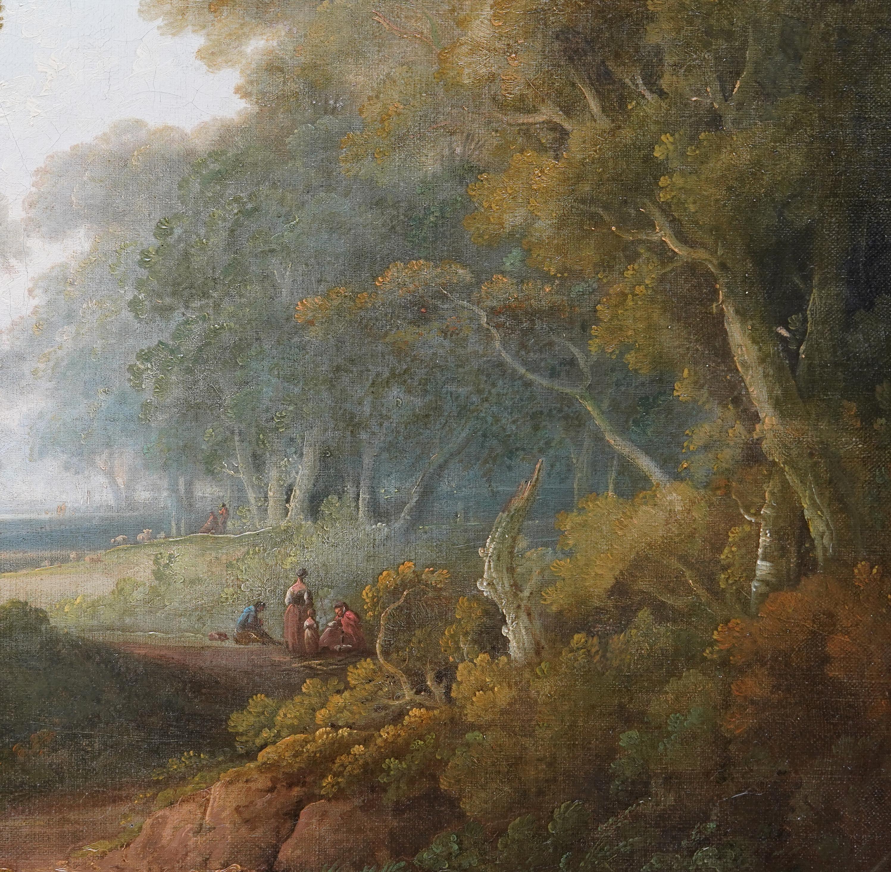 Questo incantevole dipinto a olio di paesaggio britannico Old Master esposto è opera del noto artista John Rathbone. L'opera è stata dipinta nel 1800 ed esposta alla Royal Academy di Londra nello stesso anno, quindi ha una provenienza eccellente ed
