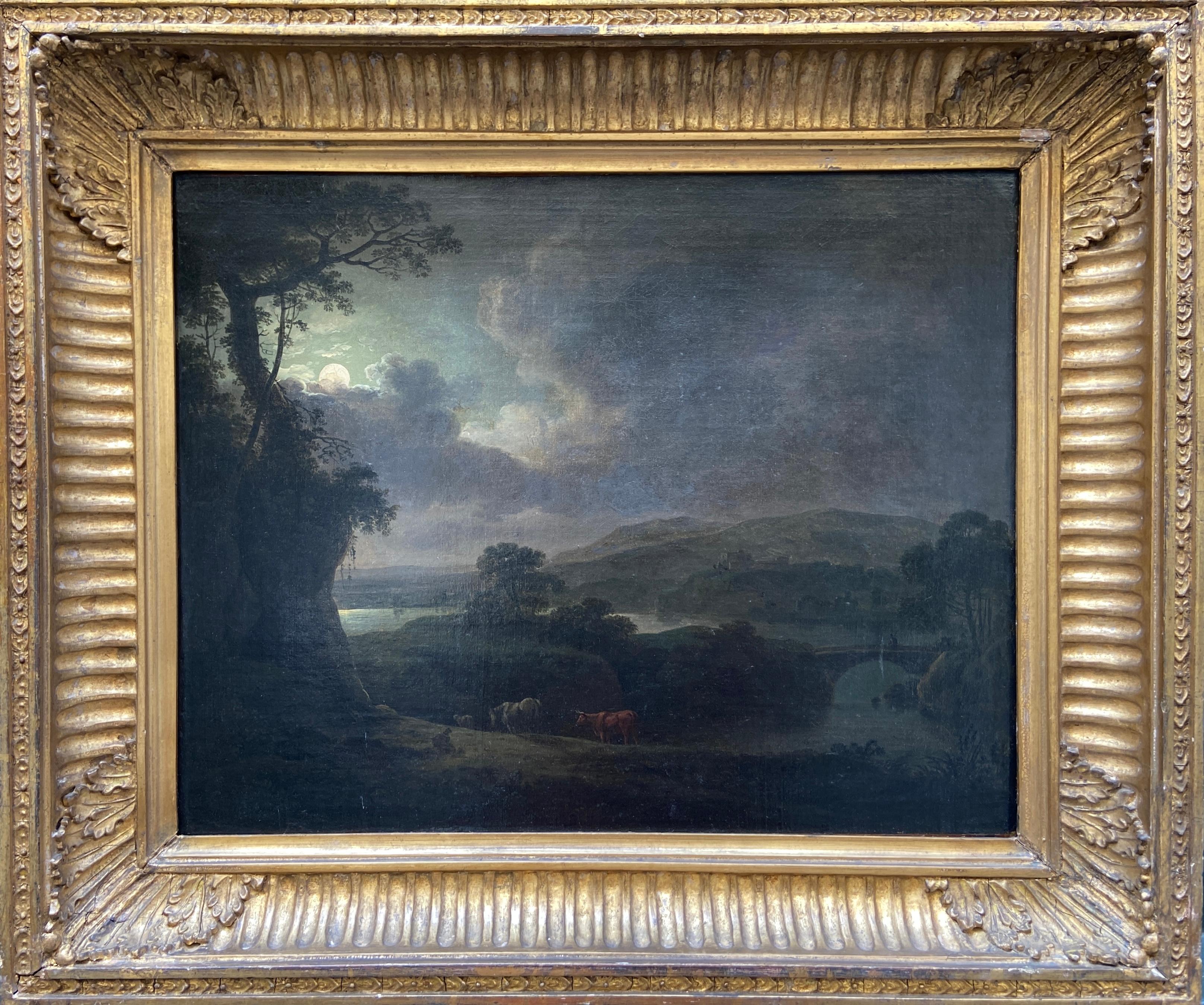 View Across the Valley, Late 18th Century English Moonlit Scene - Painting by John Rathbone