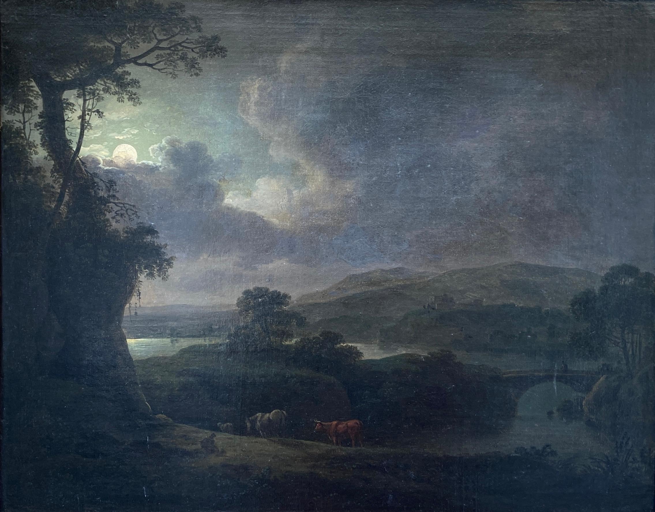 John Rathbone Landscape Painting - View Across the Valley, Late 18th Century English Moonlit Scene