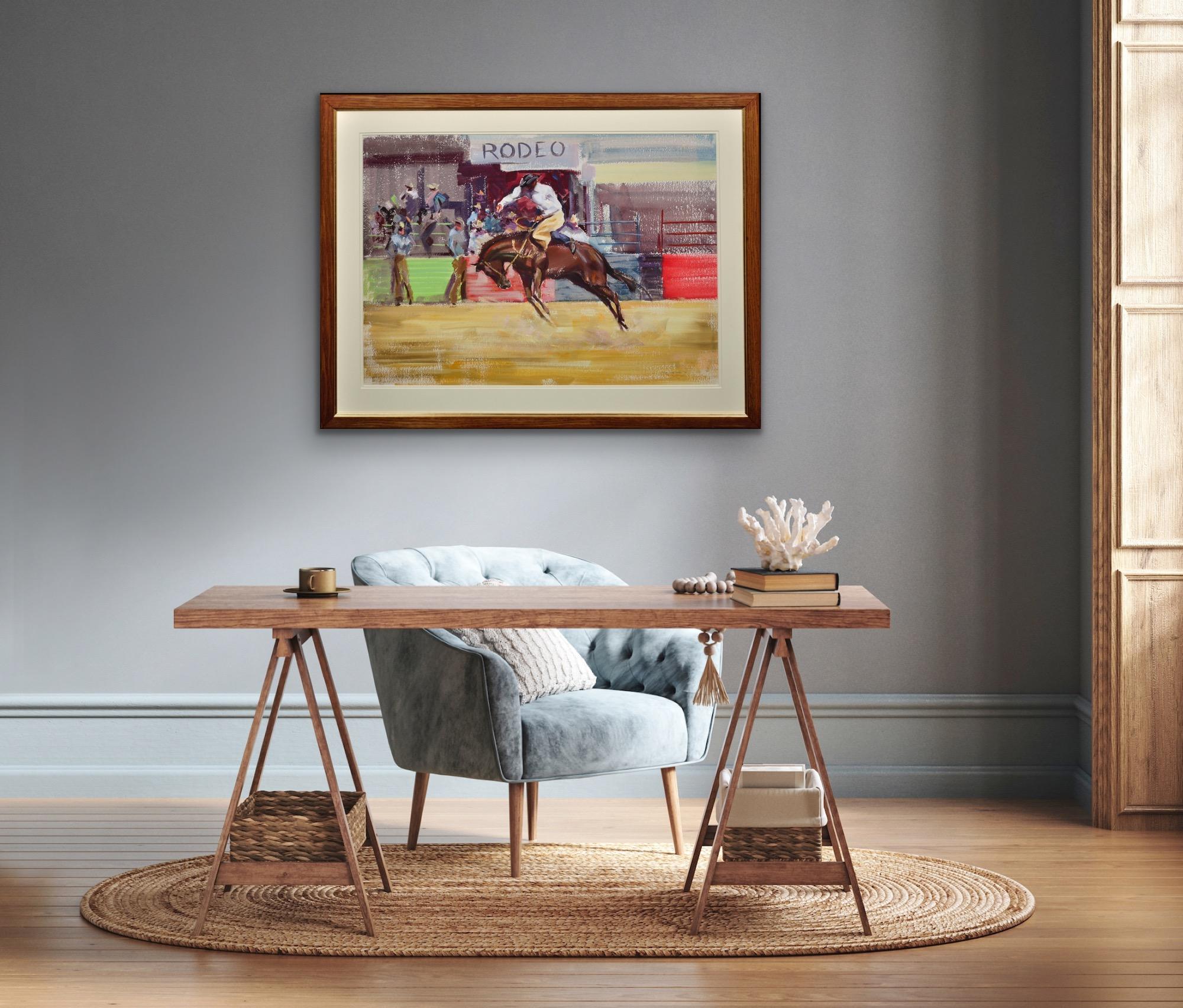 Bareback Bronco Horse Framed Mid 20th Century Rodeo Cowboy Original Painting For Sale 8
