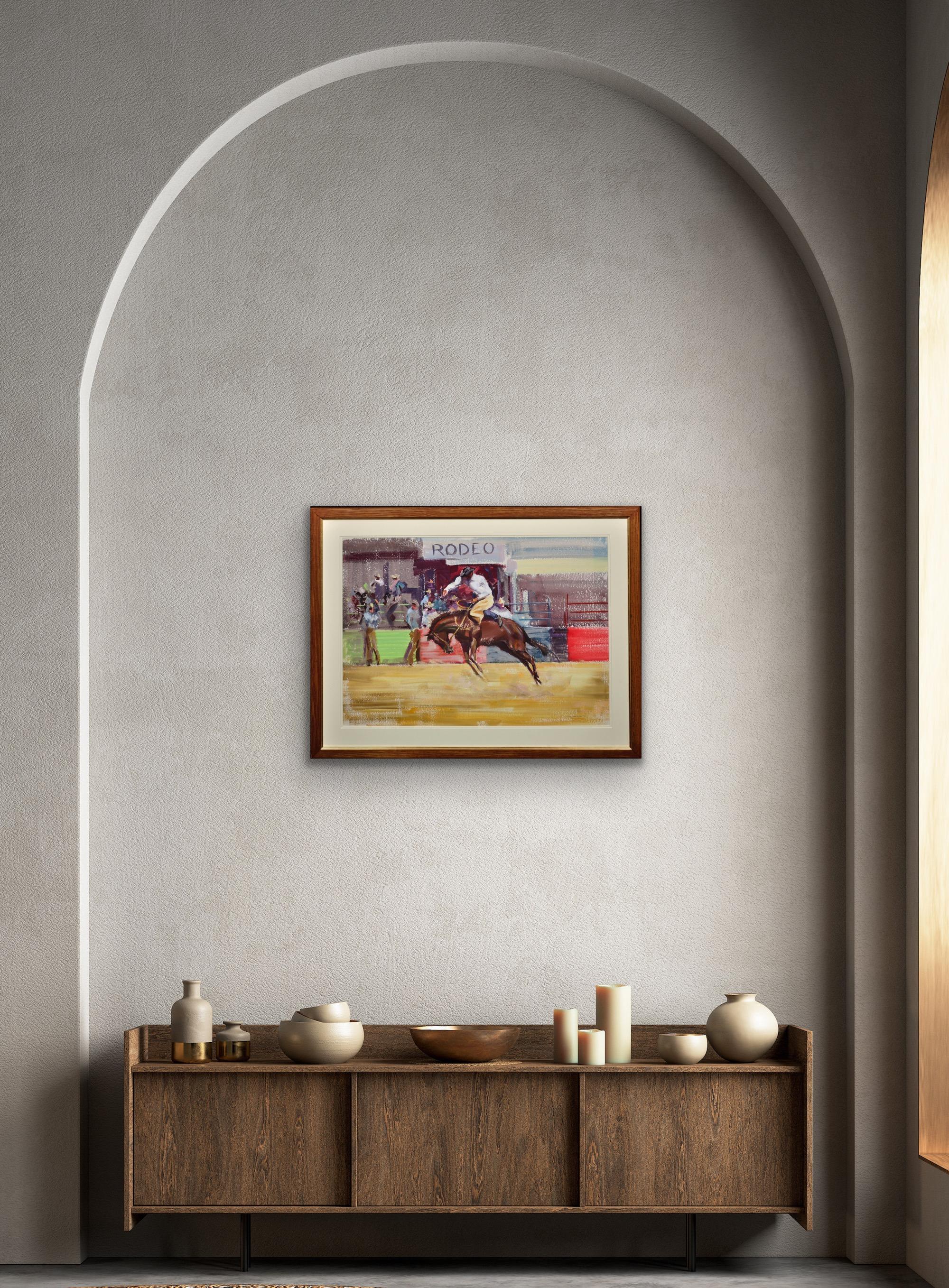 Bareback Bronco Horse Framed Mid 20th Century Rodeo Cowboy Original Painting For Sale 9